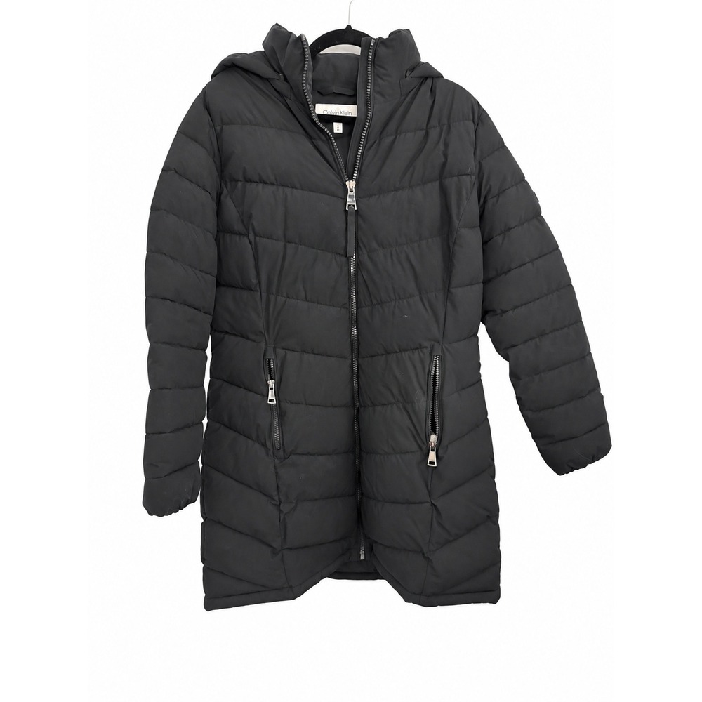 Calvin Klein Womens L Black Hooded Puffer Jacket Zip Front Winter Coat MSRP $160